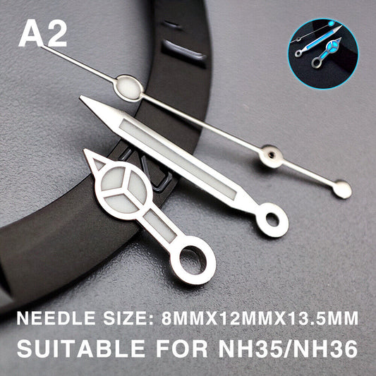 Blue luminous watch hands with silver trim, 13.5mm, compatible with Miyota NH35/NH36/NH38 movements, ideal for night visibility.