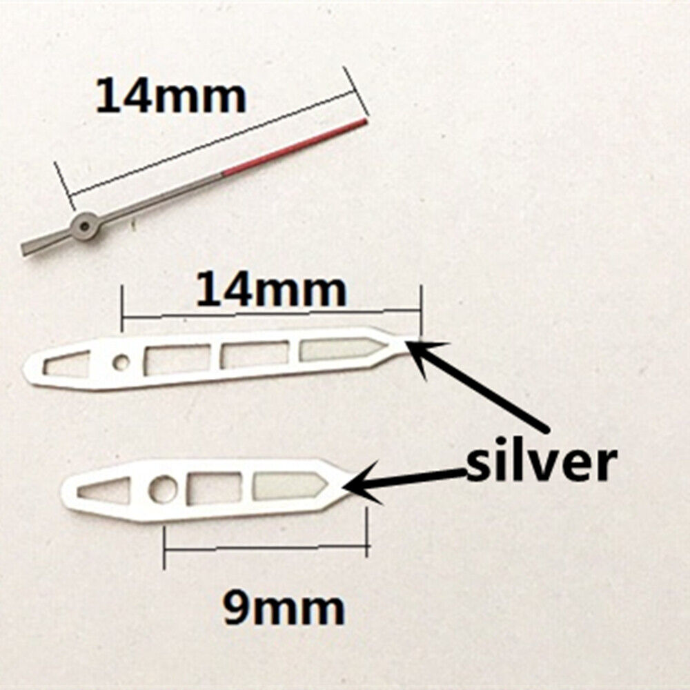 Silver-trimmed green lume watch hands for Hattori Epson PC32 quartz movement, 14mm length.