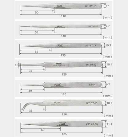 VETUS ST-10 steel anti-magnetic tweezers designed for precise handling of watch components and accessories.