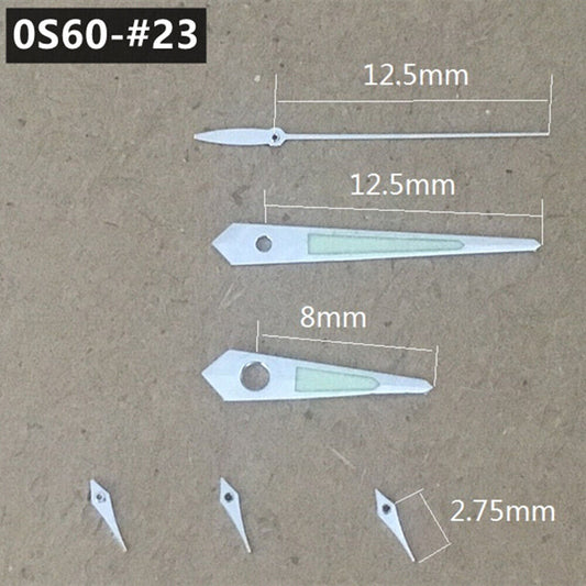 Silver trimmed green luminous watch hands, 12.5mm length, compatible with Miyota 0S60 movement.