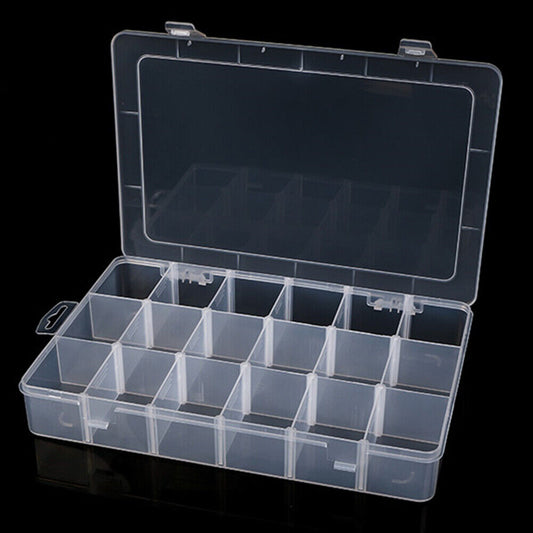 Plastic storage case with 18 transparent grids for organizing small items, EKB-201 by EKB brand.