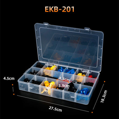 EKB-201 plastic storage case with 18 clear compartments for organizing small watch accessories.