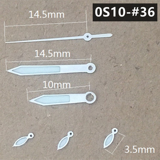 Silver-trimmed green luminous watch hands, 14.5mm, for Miyota 0S10 movement, precise and stylish replacement.