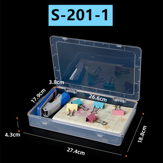 Clear toolbox storage case 4.3x27.4x18.8cm with hinged lid, ideal for organizing tools and accessories.