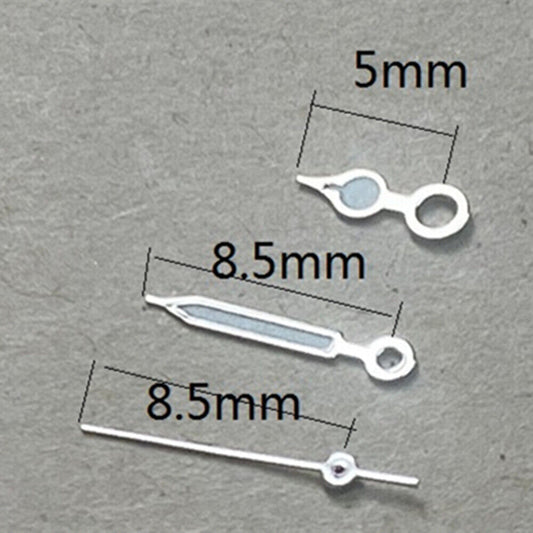 Arrow-shaped silver trim watch hands, 8.5mm, for Miyota 1M12 Japan quartz movement, precise timekeeping accessory.