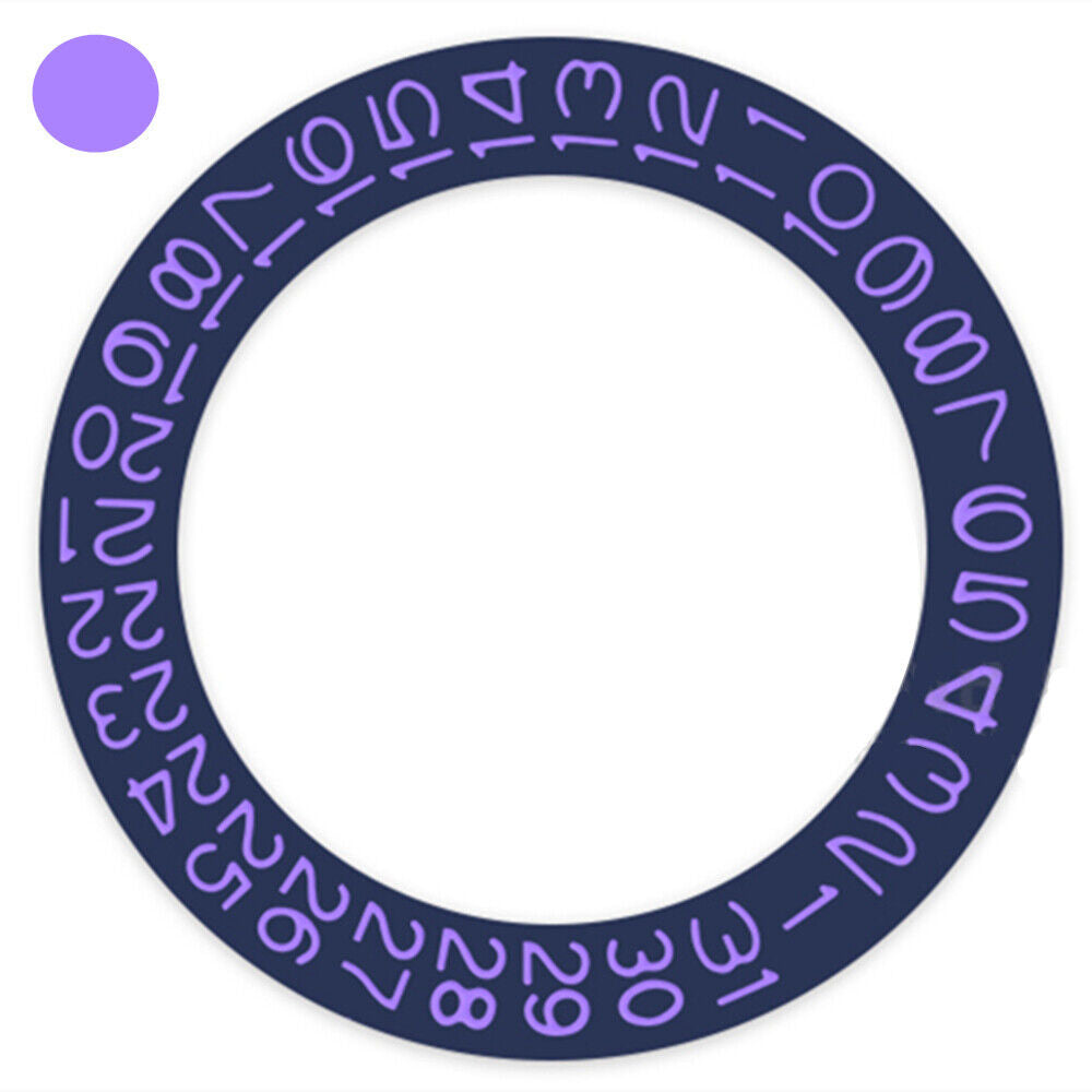 Denim blue background disk date wheel with lilac purple font for Miyota NH35 NH36 watches.