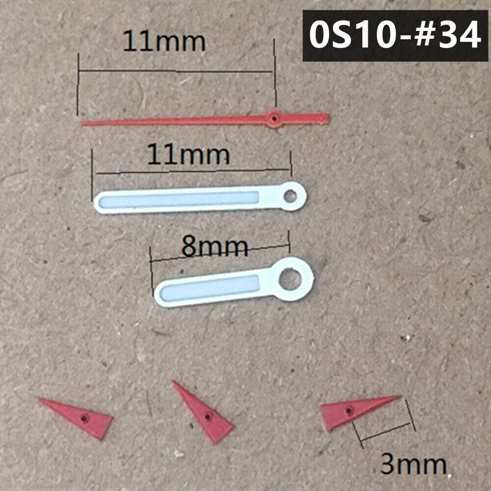 Red 11mm watch hands with silver trim and green luminous features for Miyota 0S10 quartz movement.