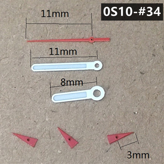 Red 11mm watch hands with silver trim and green luminous features for Miyota 0S10 quartz movement.