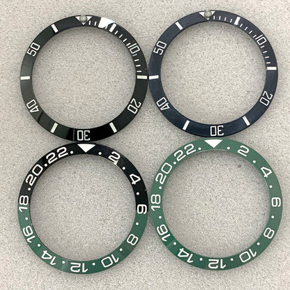 Black dull polished 38mm GMT SUB ceramic bezel insert for watch repair and customization.