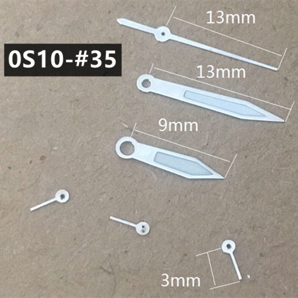 Green luminous 13mm pointed watch hands with silver trim for Miyota 0S10
