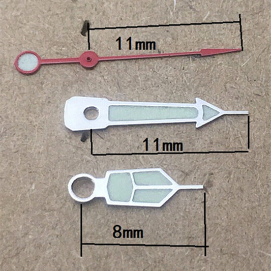 Aiguilles de montre lumineuses vertes et rouges de 11 mm pour mouvement à quartz Miyota 8205