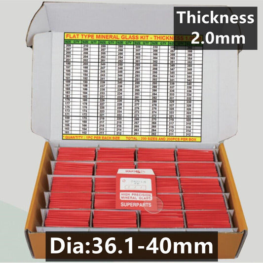 Lot de 120 verres de montre ronds plats de 2,0 mm d'épaisseur, 36,1 à 40 mm, en cristal minéral de remplacement