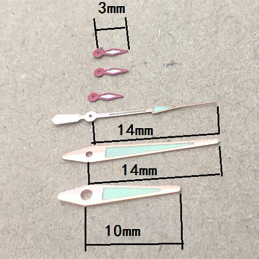 Green luminous watch hands with rose gold trim, 14mm for ISA 9238 quartz movement - brand quality.