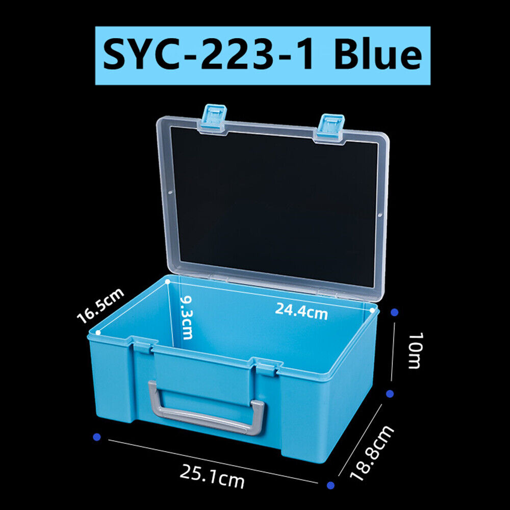 Blue rectangular toolbox with hinged lid, 10x25x18.8cm storage container for tools and accessories.