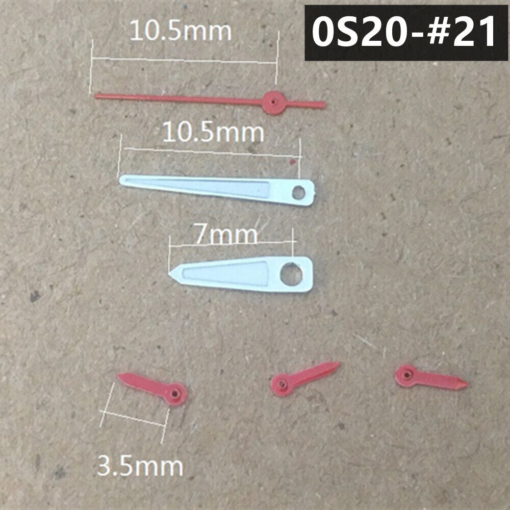 Silver-trimmed green lume watch hands for Miyota 0S20, tower-shaped design, ideal for quartz watches.