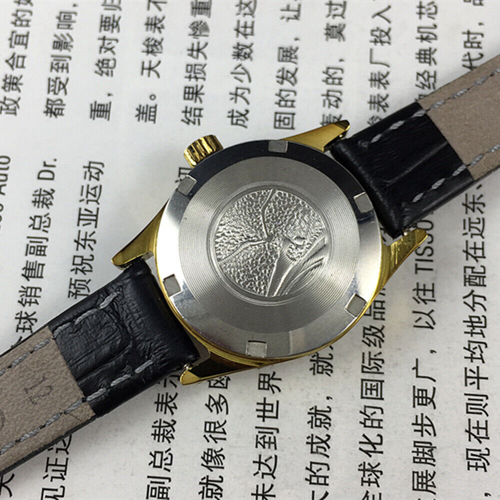 Golden dial Lady Watch by Seagull, 19 jewels manual mechanical movement, elegant design for daily wear.