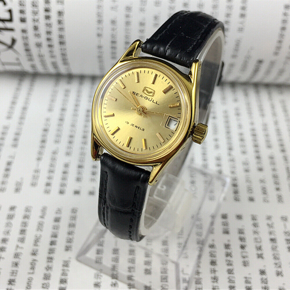 Golden dial Lady Watch by Seagull featuring 19 jewels manual mechanical movement, elegant design from Tianjin Factory.
