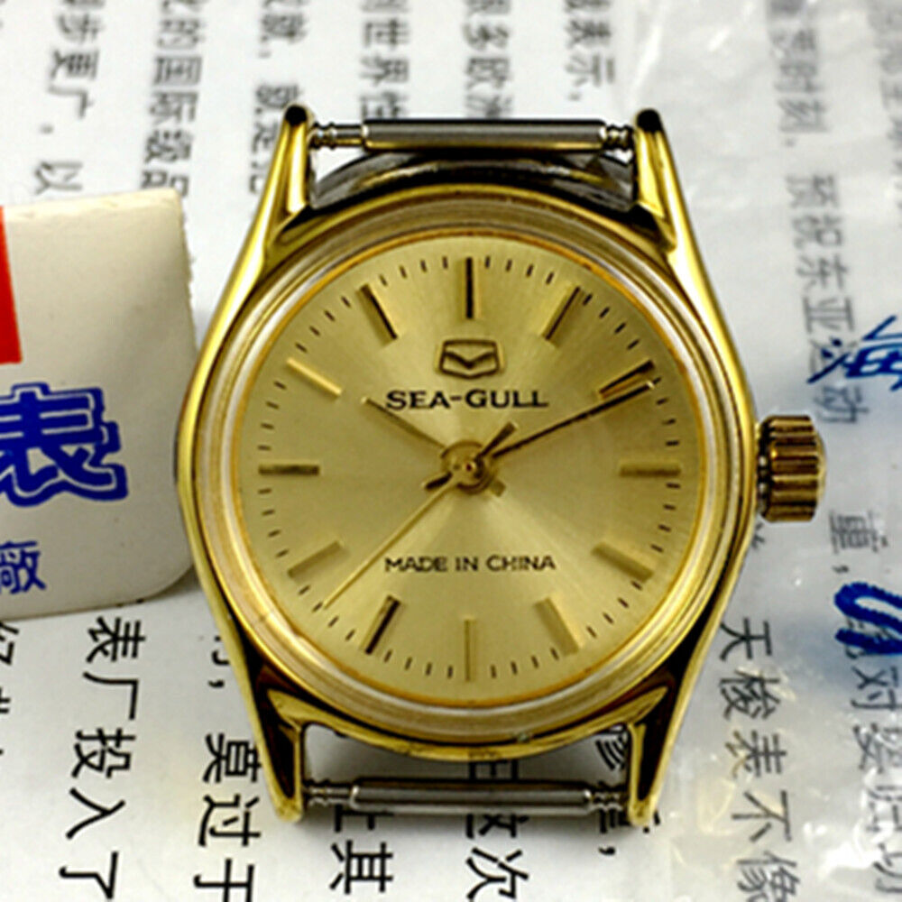 Golden dial Seagull manual mechanical ladies watch from Tianjin Factory, elegant design for daily wear.