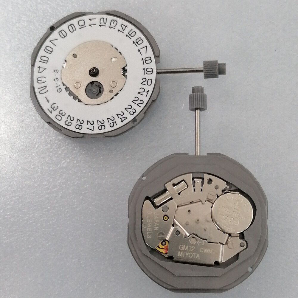 Miyota GM12 Japan quartz watch movement with date at 3, precision-crafted, Japan made.