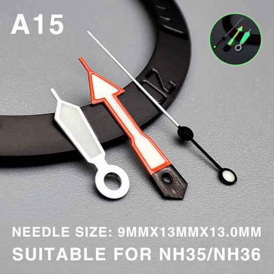 Green lume 13mm orange second hand with silver trim for Miyota NH35/NH36/NH38 watches, precision fit.