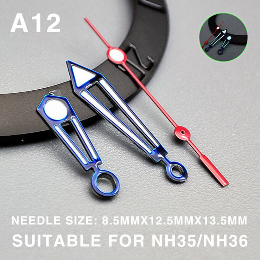Green lume hollow 13.5mm watch hands with dark blue trim for Miyota NH35/NH36/NH38.