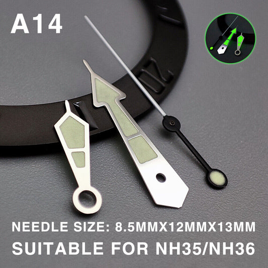 Green lume pointed watch hands with 13mm silver trim, compatible with Miyota NH35/NH36/NH38 movements, enhancing watch visibility.
