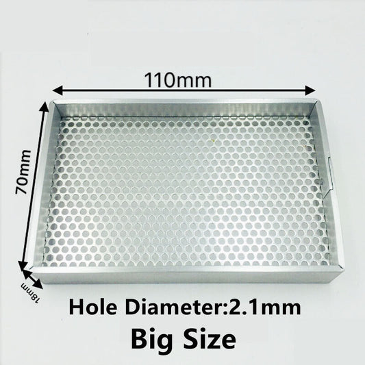 An aluminum cleaning tray organizer with a steel mesh middle, measuring 110mm by 70mm, with multiple holes for drainage, displayed on a white background.
