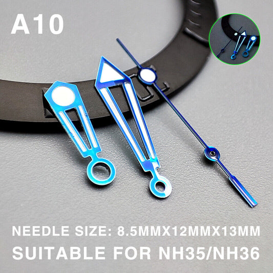 Green luminous 13mm watch hands with blue trim for Miyota NH35/NH36/NH38, precise timekeeping accessory.