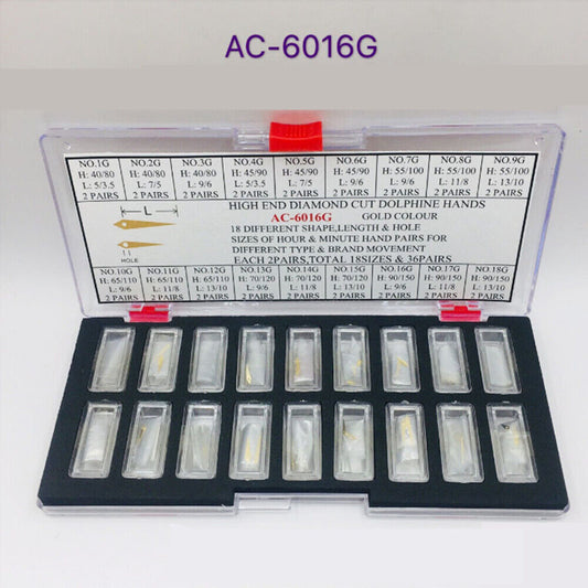 1. Gold plated dolphin watch hands set with 36 pairs, perfect for watchmakers' precision repairs.  