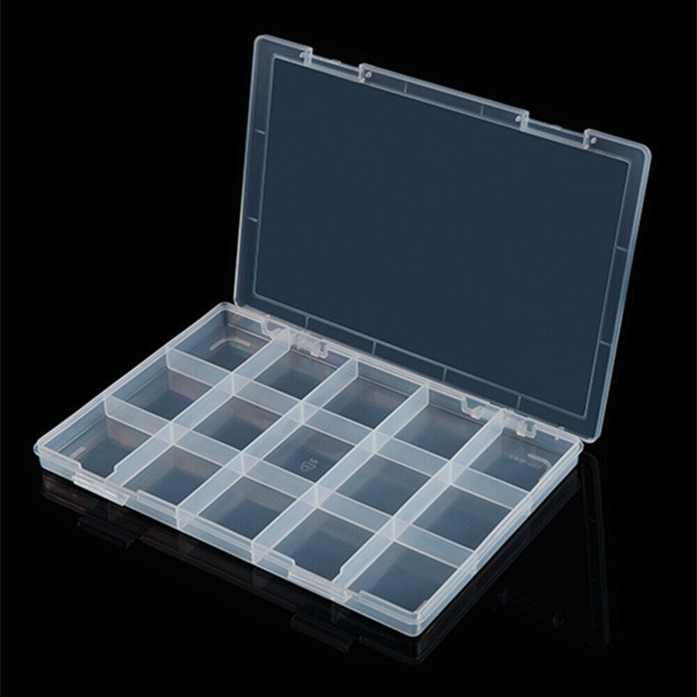 Rectangular toolbox with 15 grids, hinged lid for organized storage, 2.1x28.5x19.9cm container.