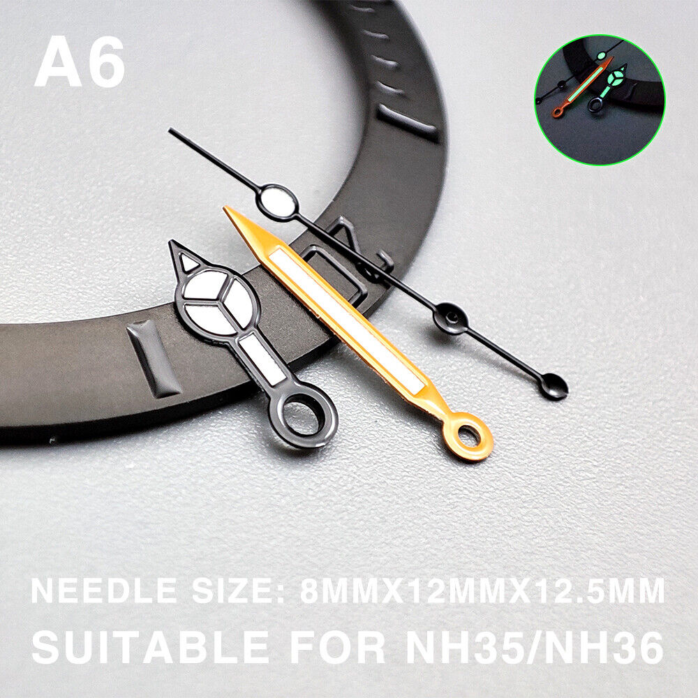 Green luminous watch hands with black trim, 12.5mm for Miyota NH35/NH36/NH38 movements.