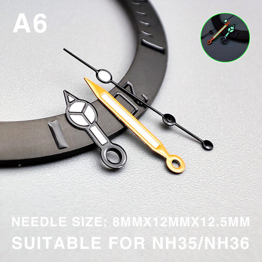 Green luminous watch hands with black trim, 12.5mm for Miyota NH35/NH36/NH38 movements.