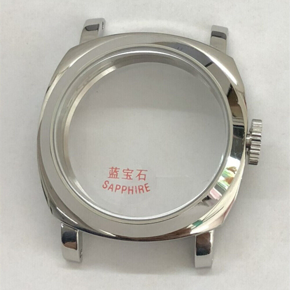 44mm silver 316L stainless steel watch case with sapphire glass, compatible with Seagull ST3600/3621 and ETA6497/6498 movements.