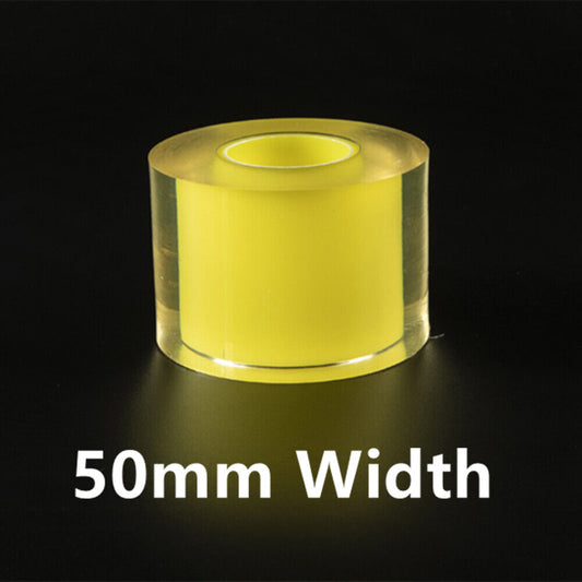 Transparent 50mm protective film for silver watch bands, preserving shine and preventing scratches.