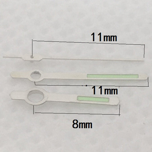 Aiguilles de montre lumineuses argentées et vertes de 11 mm pour mouvement à quartz Miyota 8205