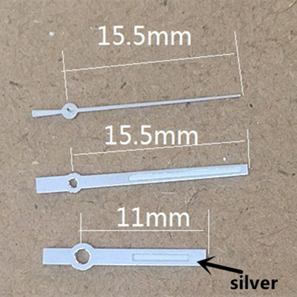 Silver-trimmed green lume watch hands for Hattori Epson PC32 quartz movement, 15.5mm precision fit.