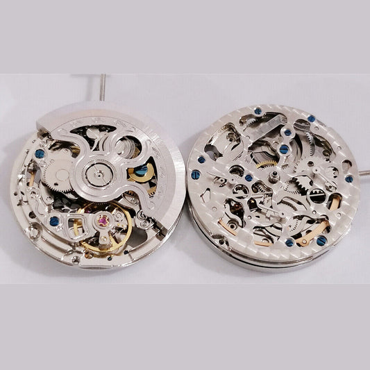 Silver 3-hand mechanical watch with hollow small seconds at 3, 6, and 9 by China Made.