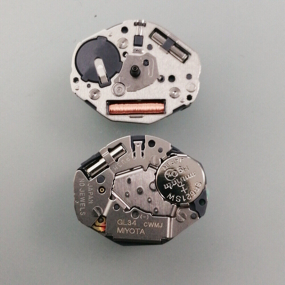 Miyota GL34 Japan quartz watch movement with silver 3-hand design, precision engineered for quality.