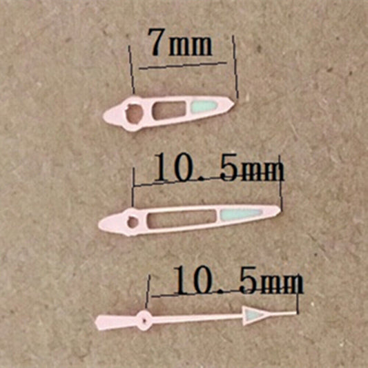 Hollow tip green lume watch hands with rose gold trim for Miyota 1L12 movement