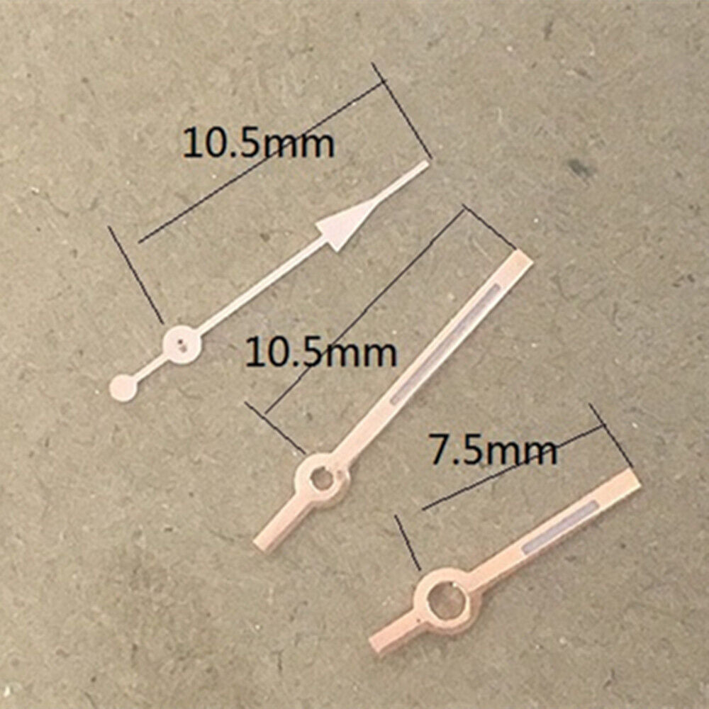 Green lume rose gold trim watch hands compatible with Hattori Epson PC32 quartz movement, stylish accessory.