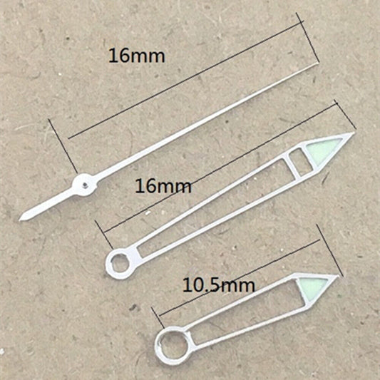 Green luminous hollow arrow watch hands for China Made 2813 movement, perfect for precise time reading.