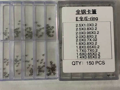 E-clip circlip rings for chronograph button repair, durable watch accessory pack, 150 pieces.