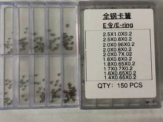 E-clip circlip rings for chronograph button repair, durable watch accessory pack, 150 pieces.