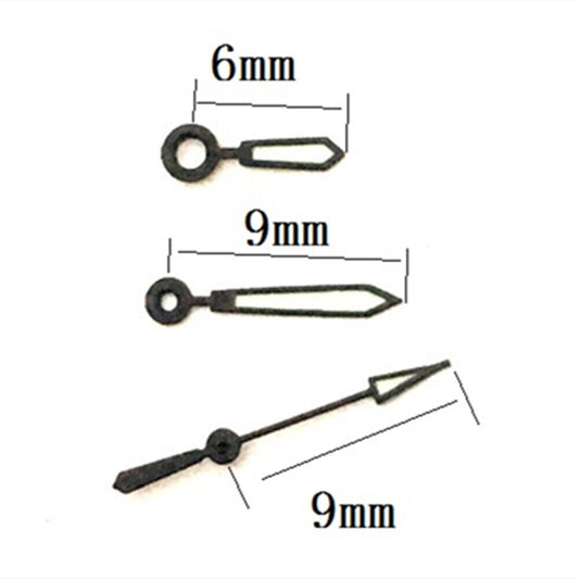 9mm black arrow-shaped watch hands with trim for Hattori Epson PC32 quartz movement, precise fit.