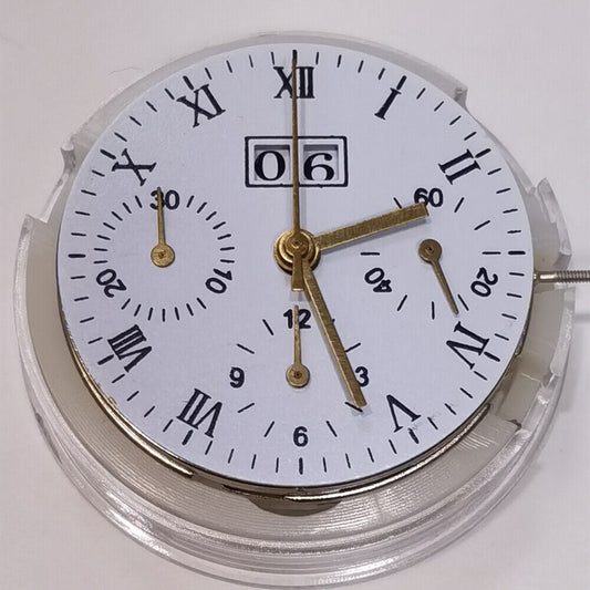 China Made 7750 chronograph watch movement with 3 hands, small seconds at 3, 6, 9, date at 12, precise timing.