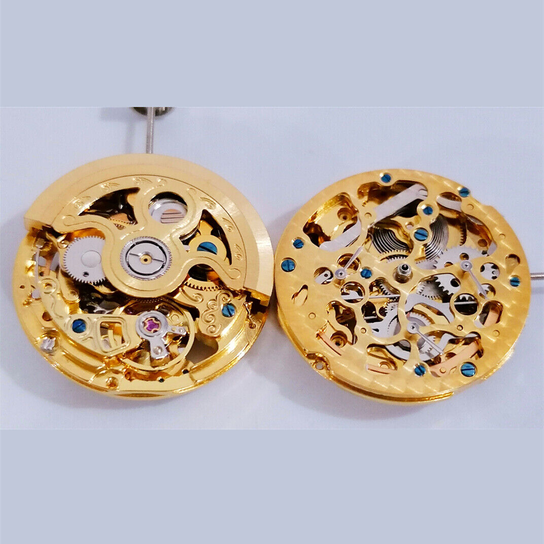 Golden 3 Hands mechanical watch with hollow small second at 3, 6, 9 by China Made 2189.