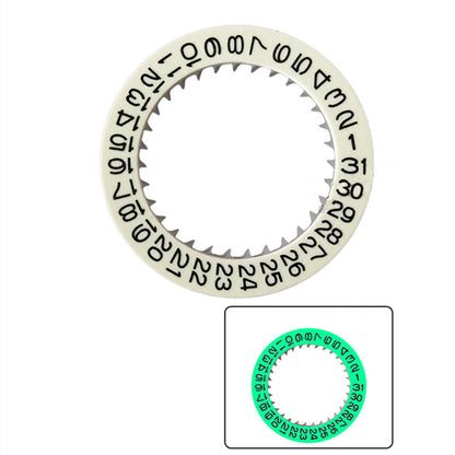 C3 green luminous date wheel with white background and numerals for Miyota NH35 NH36 watches.