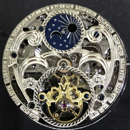 3 Hands China Made watch with hollow carved design, automatic mechanical movement, and moon phase at 12 o'clock, perfect for collectors.