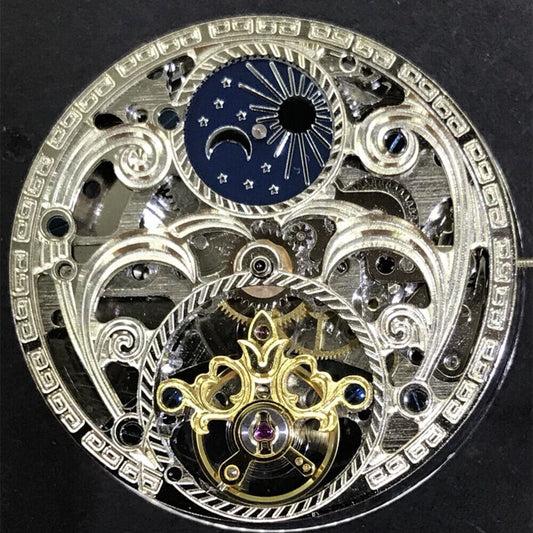 3 Hands China Made watch with hollow carved design, automatic mechanical movement, and moon phase at 12 o'clock, perfect for collectors.