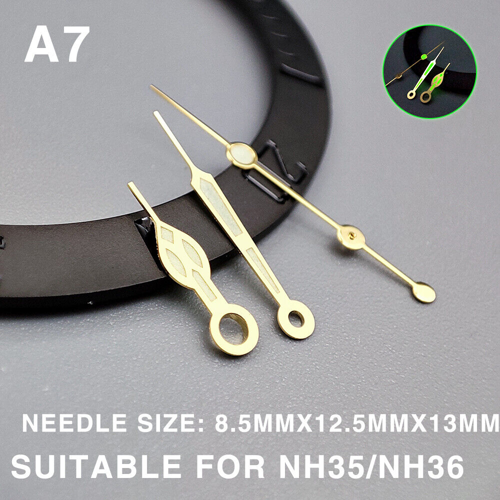 Green luminous watch hands with golden trim, 13mm, compatible with Miyota NH35/NH36/NH38 movements, brand precision.